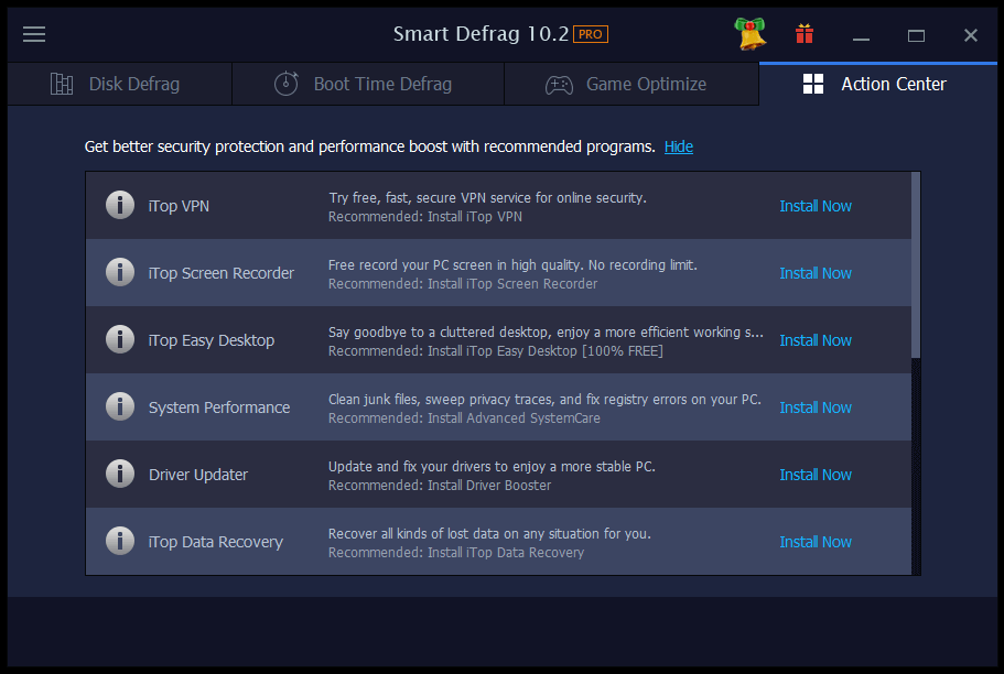 iObit Smart Defrag PRO Action Center